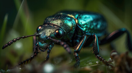 Tiny black beetle with iridescent green spots crawls across, standard image file format.