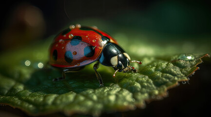 Tiny ladybug crawls across leaf with red and black colors.