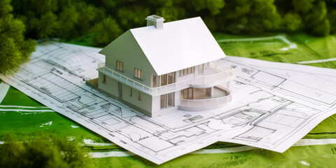 3D model showing the construction of an individual house and its architectural plan. A picture merging theory and practice. Generative AI