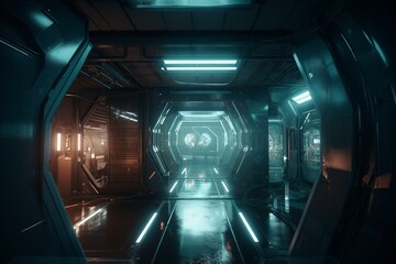 Realistic round sci-fi passage with illumination. Generative AI