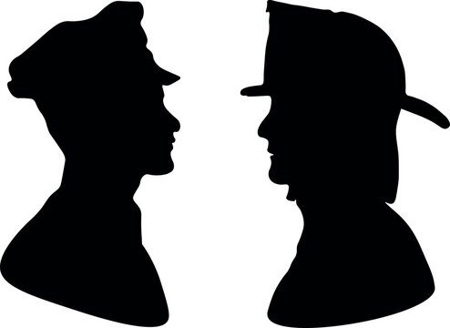 A black vector of a side view of silhouettes of a policeman and a firefighter.