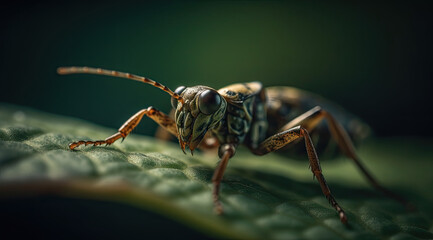 Fototapeta premium Insect Crawling on Leaf, Antennae Twitching.