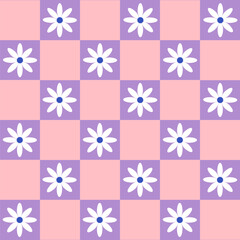 Groovy fancy daisy flower geometry pattern in 60s,70s,80s style, floral checkered background vector illustration, trendy retro ornament for surface design, textile, stationery, wrapping paper, cover