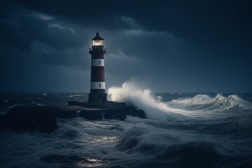 Fototapeta na wymiar Lighthouse surrounded by raging waves after storm. Nighttime scenery. Generative AI