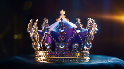 3D style render of a royal gold coronation crown with jewels and diamonds against a blue & purple background. A.I. generated. - obrazy, fototapety, plakaty