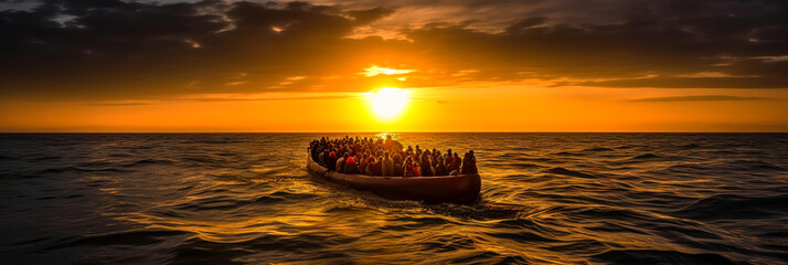 A boat overloaded with despairing migrants seeking a better life, contrasted with the stunning sunset. A powerful image of human struggle and natural beauty. Generative AI