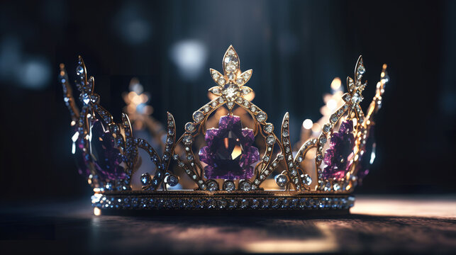 3D style render of a royal gold coronation crown with jewels and diamonds against a blue & purple background. A.I. generated.