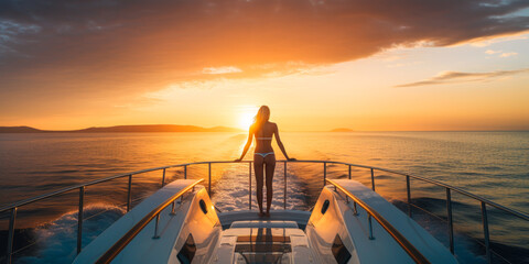A young blonde woman in a bikini enjoying the sunset from a luxurious yacht. A perfect image to illustrate a dream vacation. Generative AI