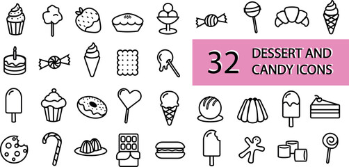 A set of dessert and candy related icons such as cupcake, lolly pop, muffin, croissant, candy, cake, marshmallows, chocolate coated strawberry , ice-cream and a donut. 