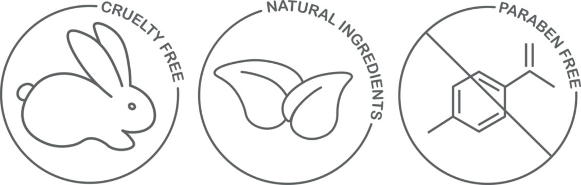 A set of editable thin line icons for cosmetics, cruelty free, natural ingredients, paraben free.