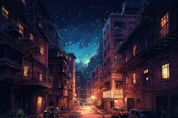 Urban Lights Illuminate An Old City At Night: A Night Scene Painting: Generative AI