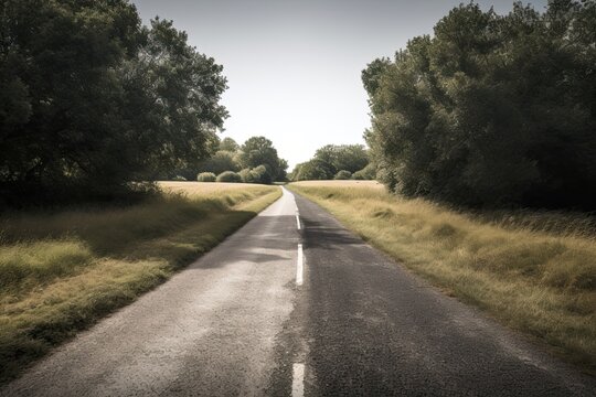 Venture Down an Unfamiliar Path: An Empty One-Way Road and Two Arrows Going Through a Field of Shrubs. Generative AI