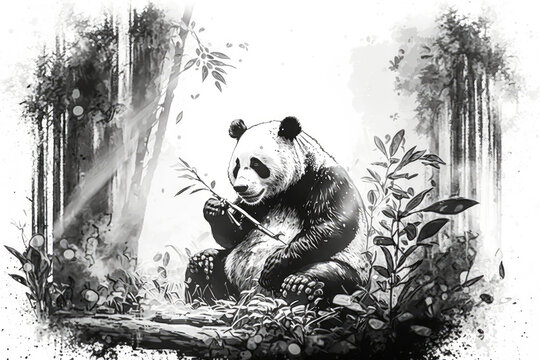 A giant panda feeds on bamboo in a quiet, green grove. A soft monochromatic double exposure provides a serene contrast, in a natural and harmonious state. Generative AI
