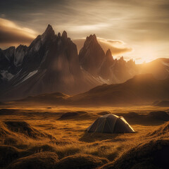 Fototapeta na wymiar Solitary Camping Tent in front of Vestrahorn Mountains, Iceland