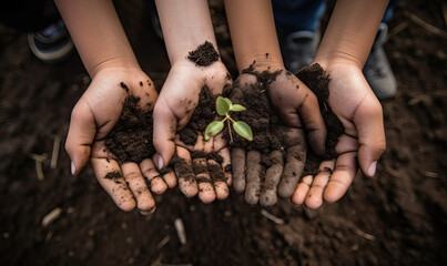 4 Child dirt hands holding a plant, Earthday, Kids hand - Generative AI