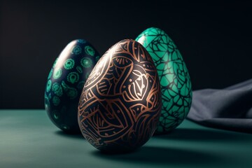 Chocolate Easter eggs with patterned green and navy foil wrappers, rendered in 3D, isolated on white. Generative AI