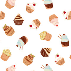 Seamless pattern with cupcakes. Vector illustration. Repeating texture with sweet cupcakes for wallpaper, cloth, scrapbooking, packaging and textile.
