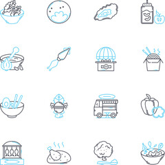 Savory supermarket linear icons set. Fresh, Quality, Local, Organic, Affordable, Variety, Convenience line vector and concept signs. Healthy,Authentic,International outline illustrations Generative AI