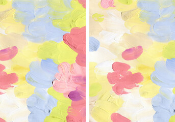 Acrylic abstract background of pink, yellow, blue and white textures. Hand painted pastel illustration isolated on white background. For design, print, fabric or background.