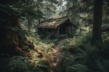 Hidden cabin in a pine forest. Generative AI