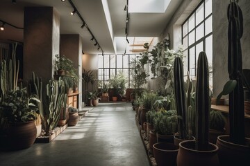 Fototapeta na wymiar Contemporary indoor space adorned with desert plants. Generative AI