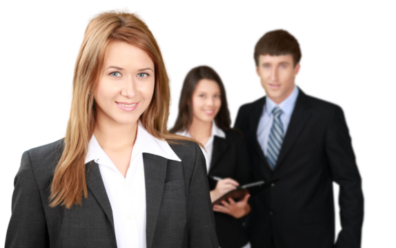 Friendly Businesswoman and Talking Collaborators in Background - Isolated