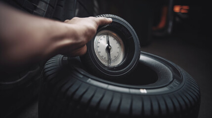 Mechanic checking tire tread depth and wear using a tire gauge, car maintenance concept, generative ai