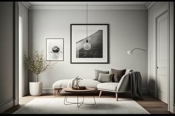 A stylish picture frame on a grey wall inside a white living room showcasing modern Scandinavian interior design with artwork mockup. Generative AI