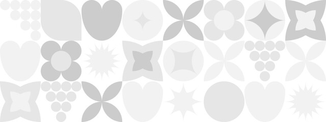 Geometric shapes in the form of fruits and vegetables, a trendy background of gray and white flowers for the menu in the restaurant. Vegetarian food is drawn with simple shapes seamless pattern.