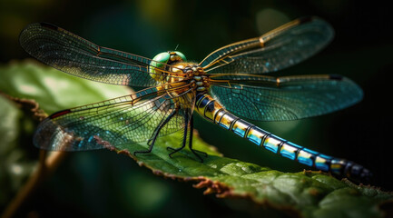 Delicate dragonfly wings shimmer in sunlight.