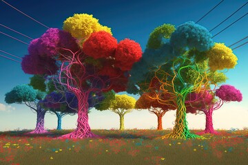 Towering synthetic trees made of colorful electric wires stretch up toward the sky, casting intricate shadows across the ground below. Environmental and technological sustainability. AI-generated