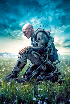Man in post-apocalyptic world kneels before a field of flowers; evocative, hyper-realistic portrayal of resilience & solace in nature's beauty – Generative AI.