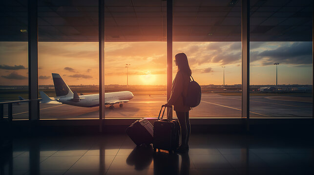 Travel tourist standing with luggage watching sunset at airport window. A woman looking at lounge looking at airplanes while waiting at boarding gate before departure. Travel lifestyle, generative ai