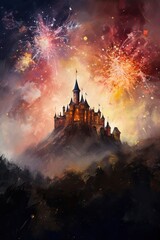 Fototapeta na wymiar Stunning Fireworks Illuminate a Castle in a Mesmerizing Painting: Generative AI