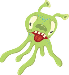Scary cheerful cute dangerous green monster with tongue and big eyes. Vector image.