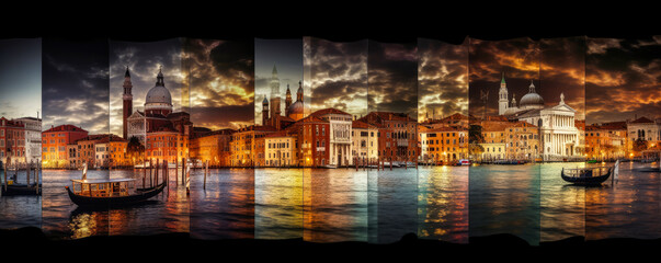 Collage of architecture and landscapes of Venice, Italy. Highlighting the bright colors and lights for a unique and harmonious composition. Generative AI