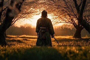 The Epic Peace of a Traditional Samurai: A Lone Warrior in a Field of Marvellously Blowing Wind, Beautiful Sunset, and Hair-Raising Grass - obrazy, fototapety, plakaty