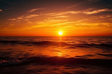 The Glorious End: A Bright Orange Sunset over a Serene Ocean Horizon, Generative AI