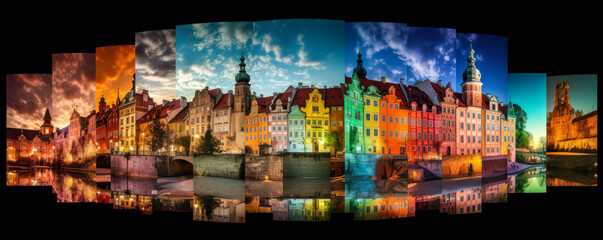 Photographic collage of Polish architecture, monuments, landscapes and culture. Harmony of bright colors and lights inviting to discover the country. Generative AI