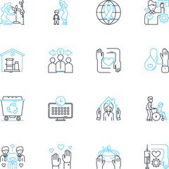 Fototapeta premium Philanthropy linear icons set. Generosity, Humanitarianism, Altruism, Giving, Kindness, Compassion, Charity line vector and concept signs. Empathy,Volunteering,Sacrifice outline Generative AI