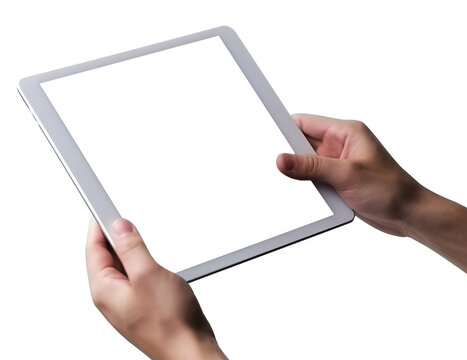 Hands holding Tablet in transparent background. Generative AI.