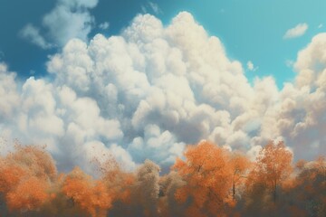 Watercolor illustration of autumn sky with scale-like clouds. Generative AI