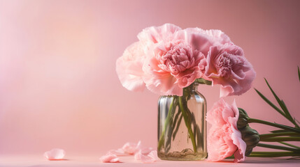 Obraz premium Design concept of Mother's day holiday greeting design with carnation bouquet on pastel pink table background, generative ai