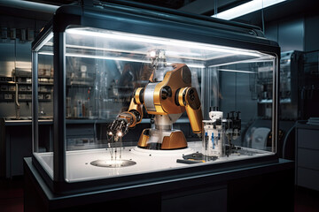 A sentient robot working on a machine in a futuristic room, lit by the light coming from the windows.. Generative Ai