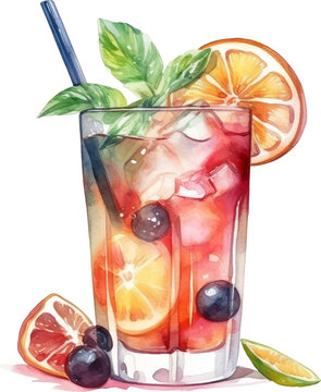 watercolor cocktail drink with orange slice clip art preview