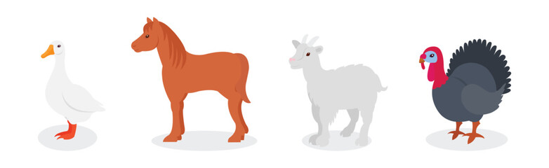 Farm Animal with Goat, Horse and Poultry Vector Set
