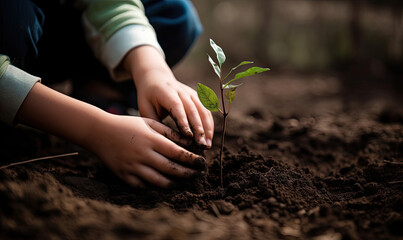 A child hands planting a plant - Generative AI