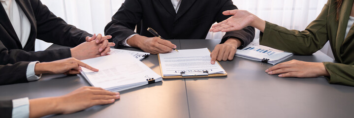 Panorama view of company executive sign business contract with business partner and legal adviser...