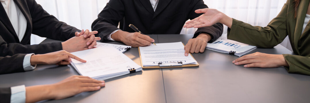 Panorama View Of Company Executive Sign Business Contract With Business Partner And Legal Adviser In Corporate Meeting Table. Business People Negotiating Agreement In Conference Room Concept. Prodigy