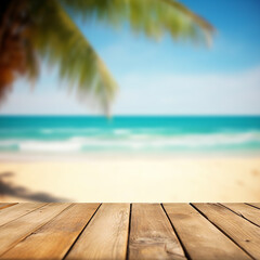 Empty wooden table on a beautiful blured tropical beach background. generative ai. Summer holiday background for product display